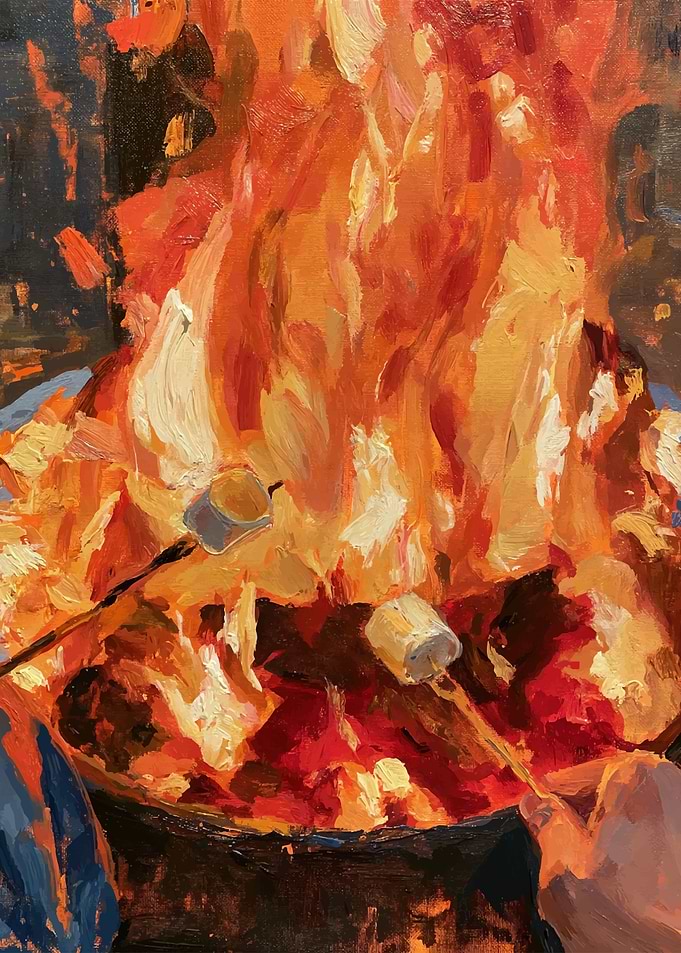 Oil Painting of Roasting Marshmallows
