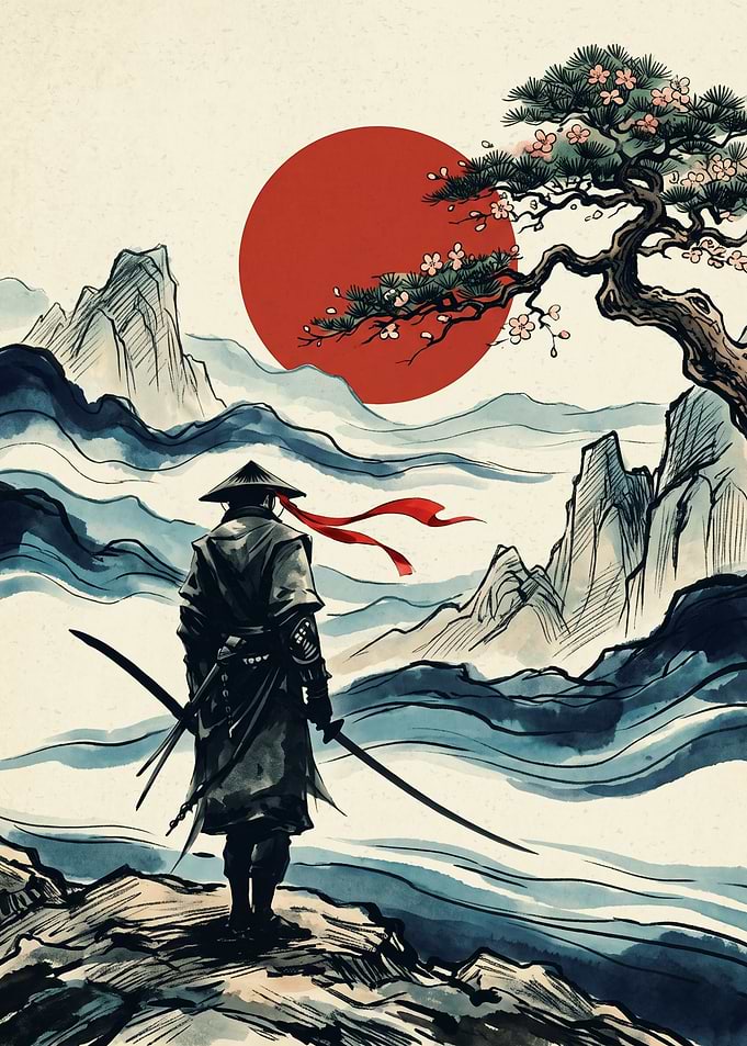 Samurai Warrior Japan Ukiyo E Art Red Sun Bonsai Tree Mountain Landscape Poster