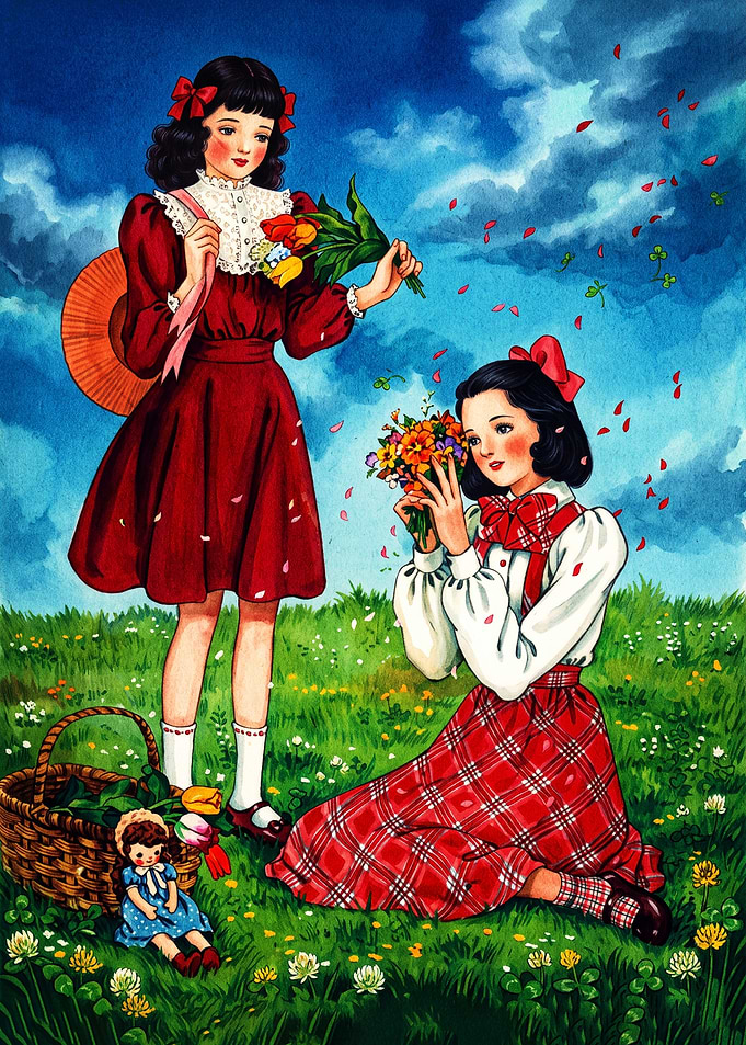 Two Girls Picking Flowers in Meadow