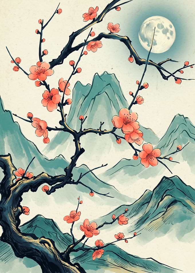 Cherry Blossom Mountain Moon Japanese Ukiyo E Art Print Blossom Nature Landscape Poster