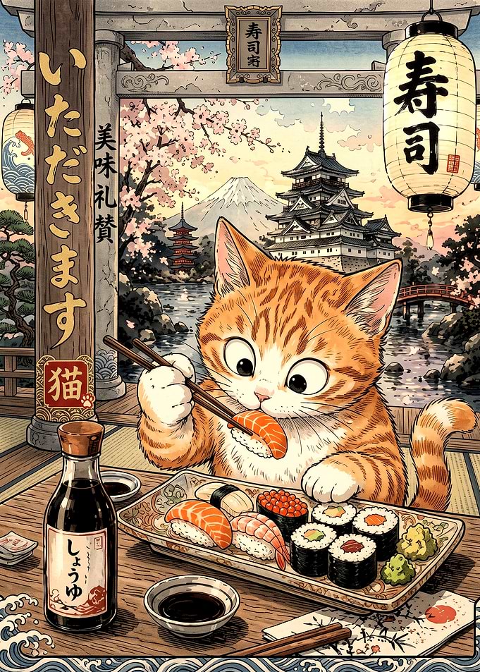 Cute Ginger Cat Eating Sushi