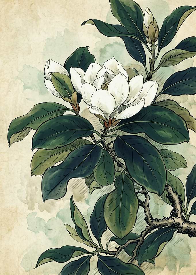 Magnolia Flower Botanical Art Watercolor Vintage Green Leaves Floral Wall Decor Poster