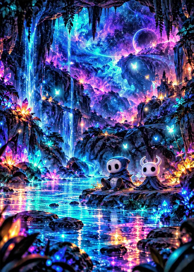 Hollow Knight Characters in Bioluminescent Cave