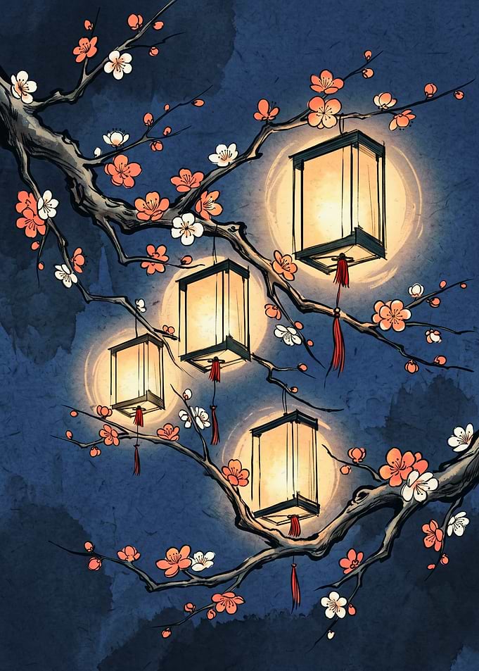 Japanese Lantern Cherry Blossom Art Print Night Sky Floral Aesthetic Wall Decor Poster