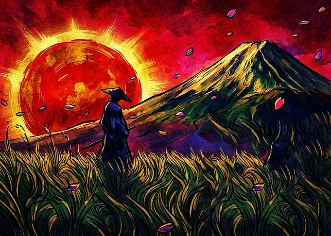 Samurai Standing Before Mount Fuji