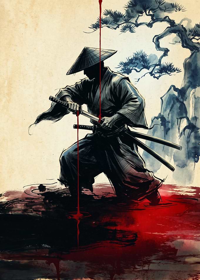 Samurai Warrior Ink Wash Painting Japanese Art Red Blood Splatter Bushido Wall Poster