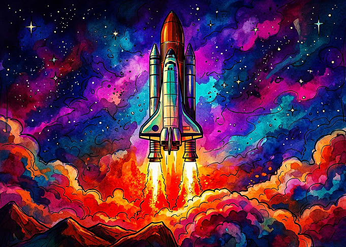 Vibrant Watercolor Space Shuttle Launch