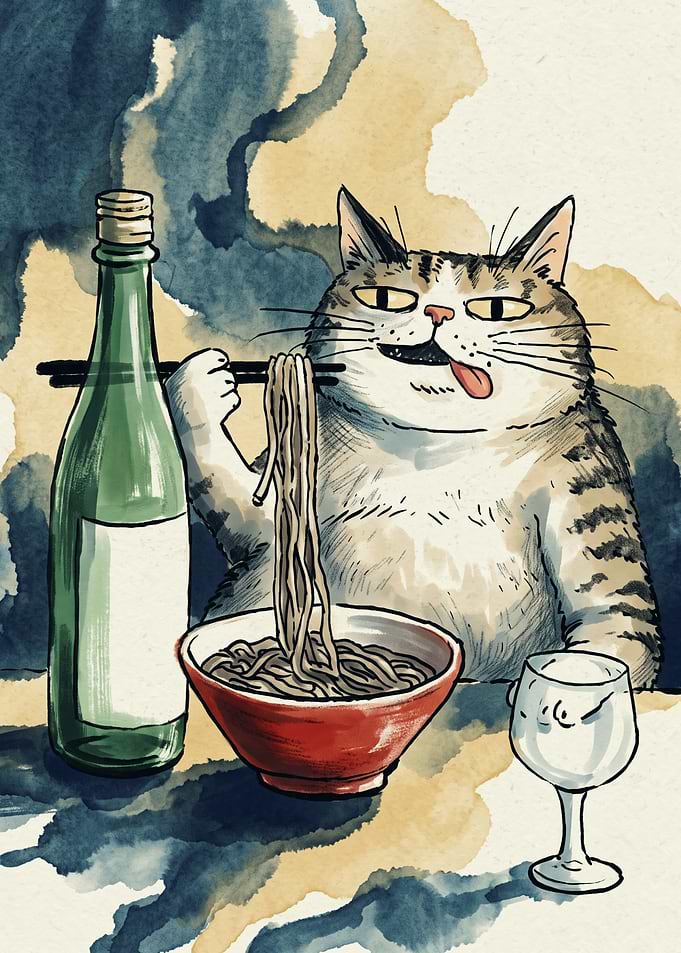 Cat Eating Noodles Watercolor Art Funny Ramen Soba Drinker Kitchen Dining Room Poster