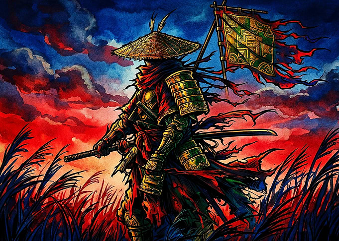 Samurai Warrior in Red Sunset Field