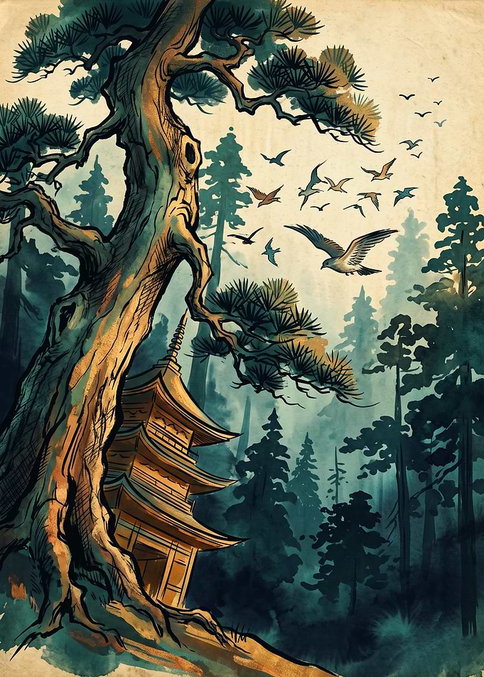 Japanese Pine Tree Pagoda Vintage Woodblock Art Flock Of Birds Forest Landscape Poster