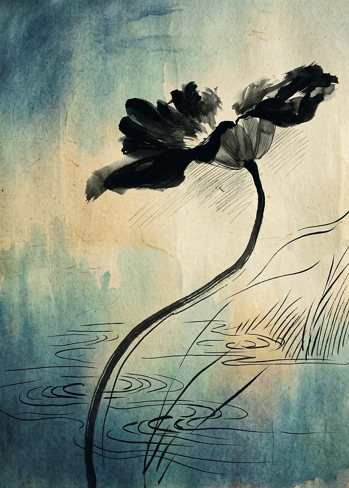 Black Lotus Flower Ink Wash Painting Watercolor Vintage Botanical Wall Art Print