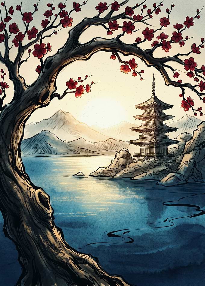 Japanese Pagoda Art Print Cherry Blossom Tree Watercolor Landscape Poster Temple Decor