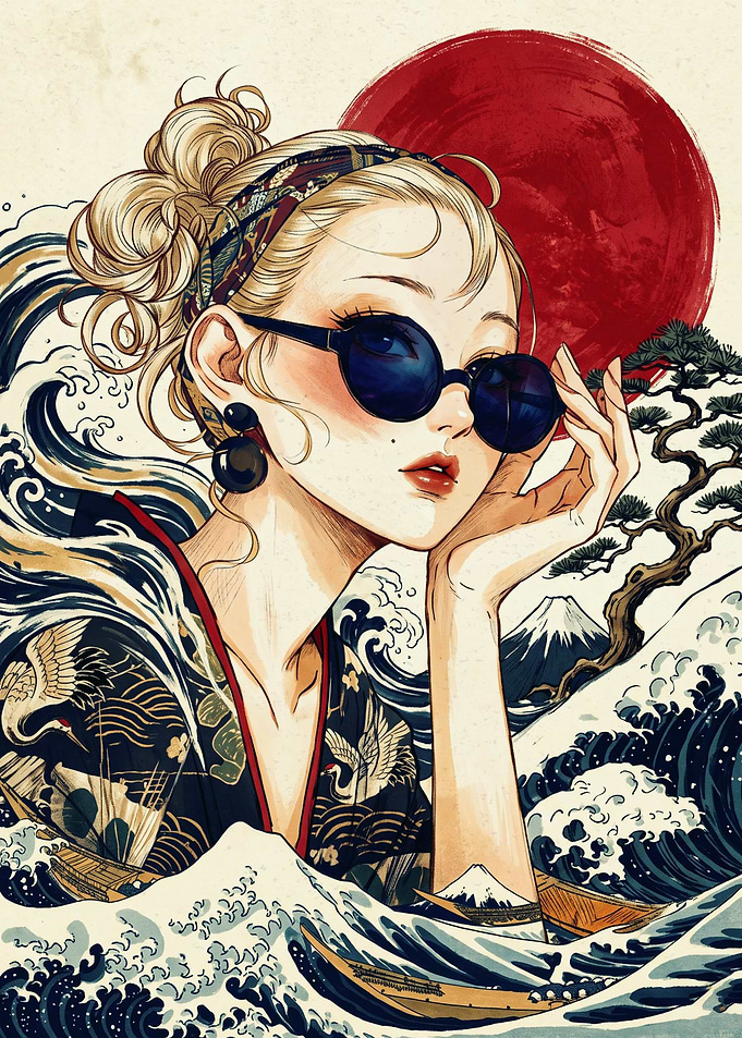 Anime Girl Kimono Japanese Ukiyo E Art Great Wave Red Sun Sunglasses Aesthetic Poster