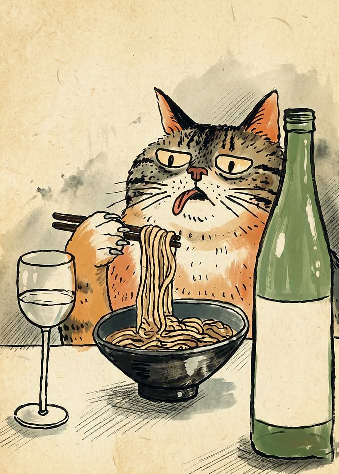 Funny Cat Eating Noodles Vintage Ink Art Print Ramen Lover Restaurant Wall Decor