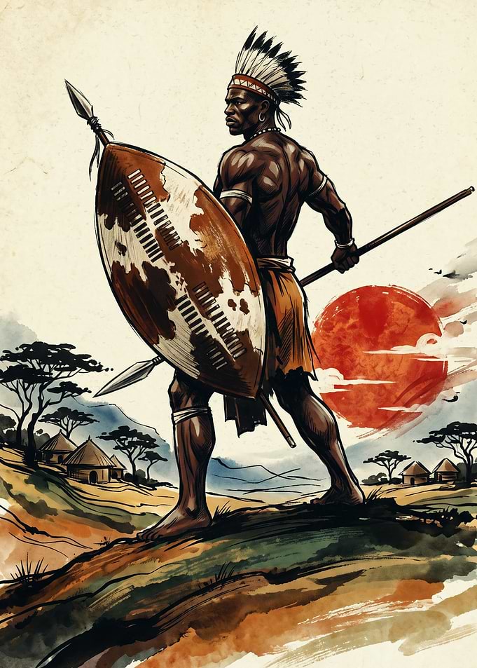African Warrior Tribal Art Watercolor Shield And Spear Savanna Sunset Wall Decor Print
