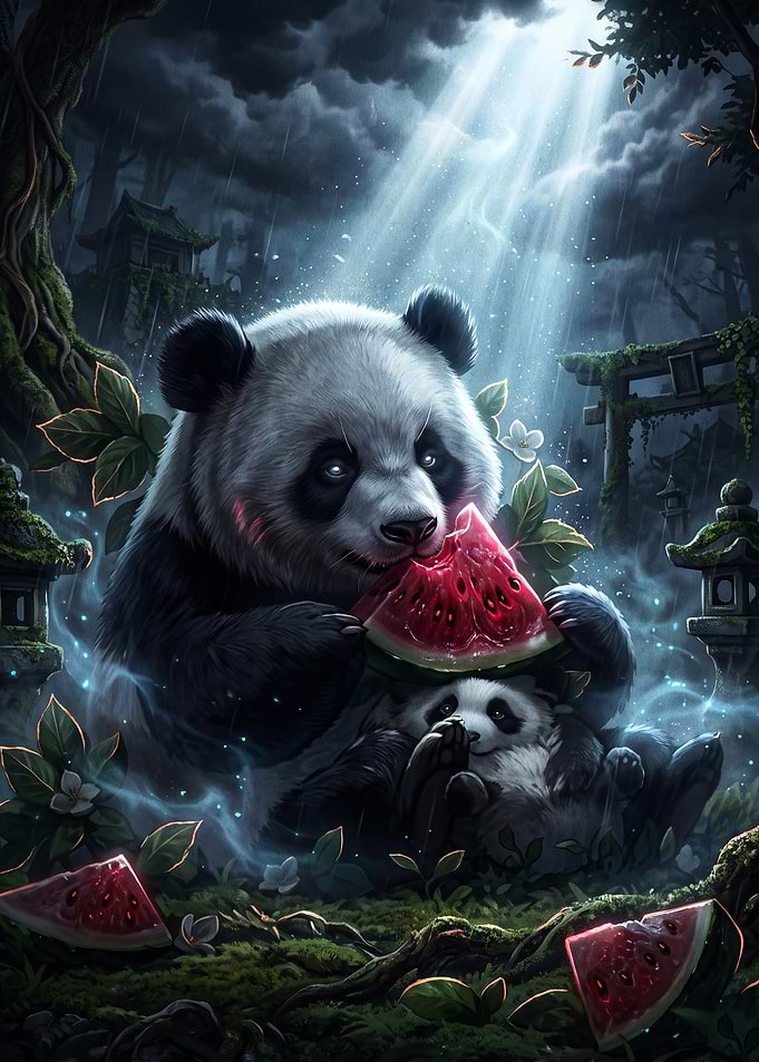 Pandas Eating Watermelon in Forest