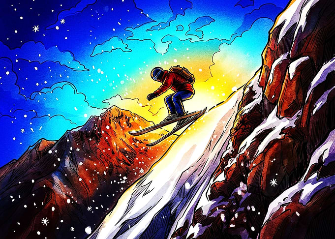 Skier Jumping Down Snowy Mountain