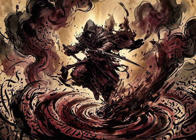 Dark hooded assassin in ink style