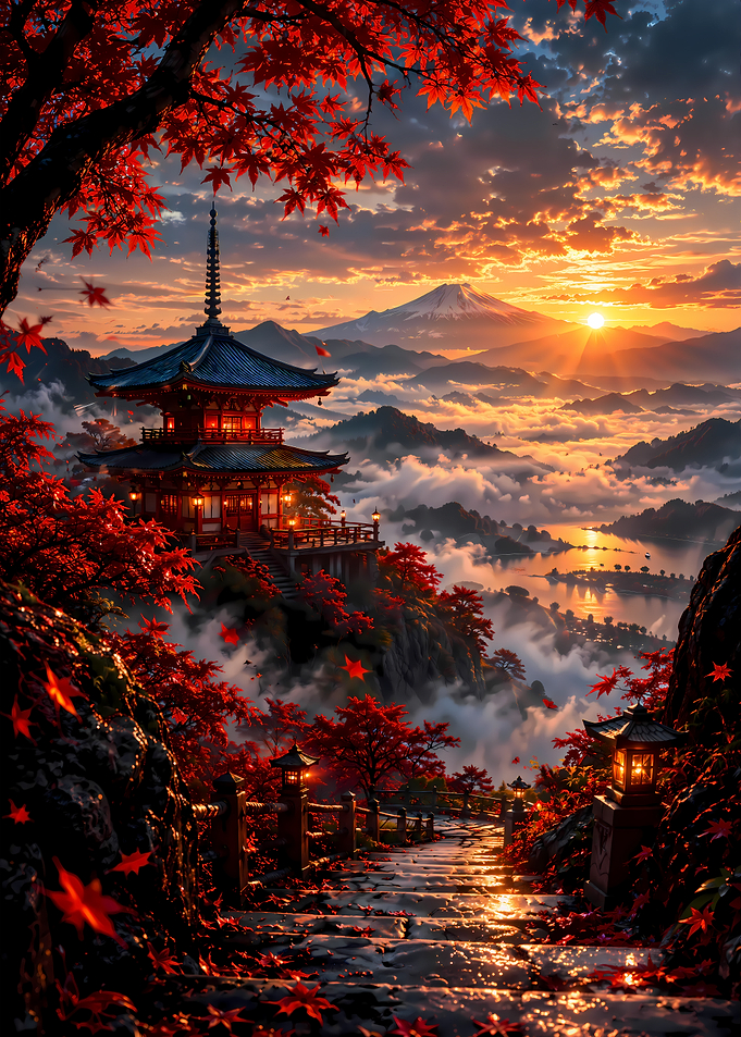 Pagoda at Sunset with Mount Fuji