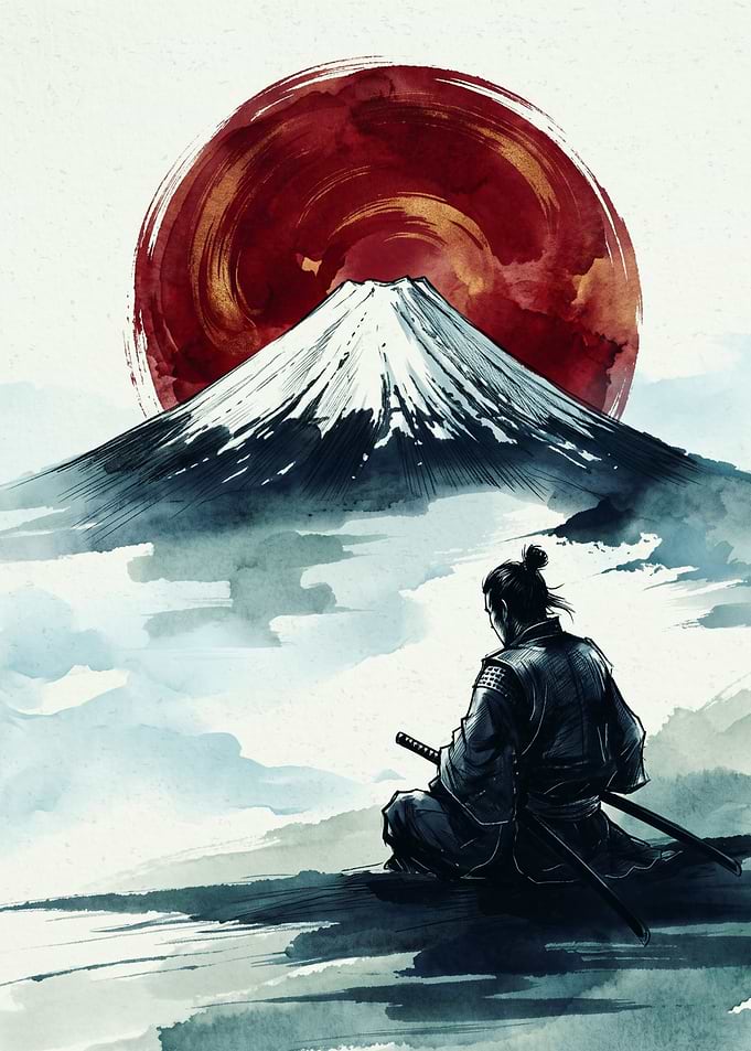 Samurai Mount Fuji Japanese Watercolor Art Red Sun Mountain Landscape Poster