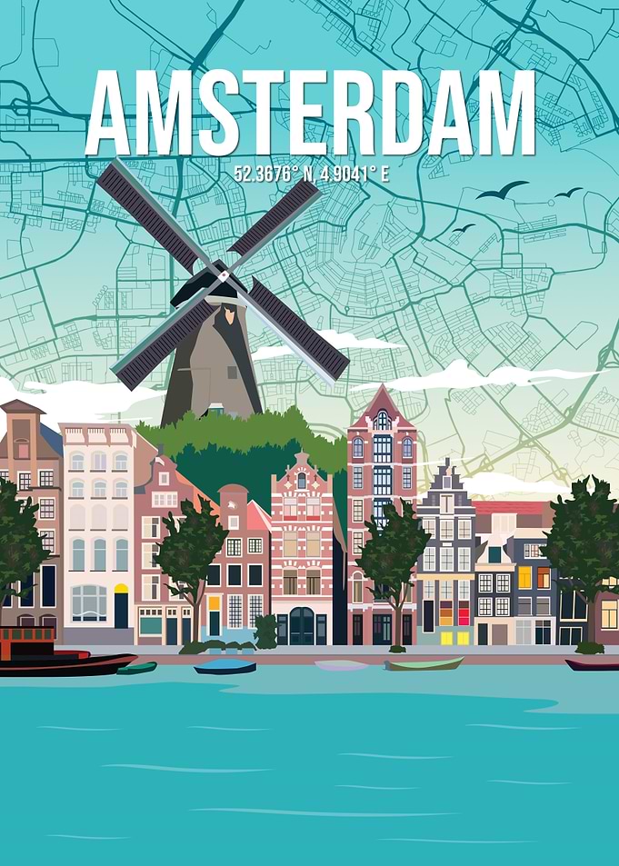 Amsterdam Canal Houses City Map - Urban Atlas Travel Poser Retro Vintage Art
