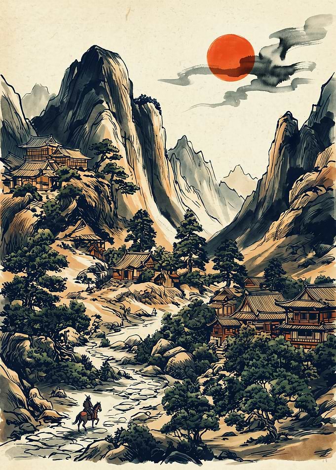 Japanese Mountainside Village Ukiyo E Art Red Sun Pagoda Landscape Aesthetic Poster