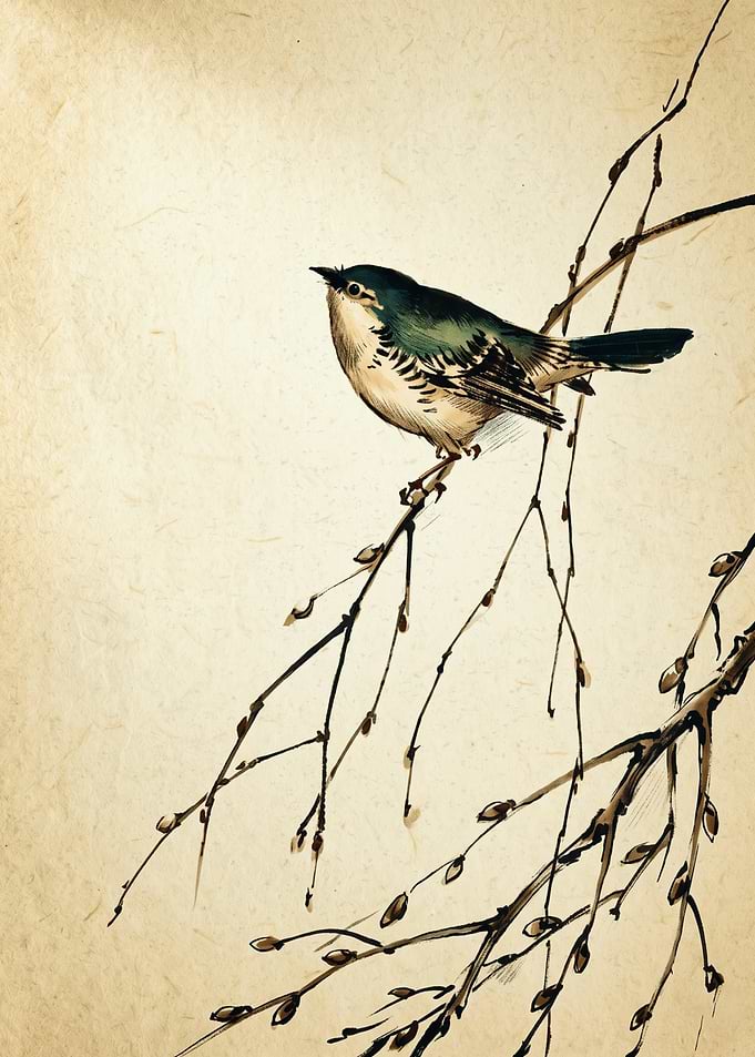 Bird Branch Japanese Ukiyo E Art Print Vintage Nature Minimalist Wall Poster Decor