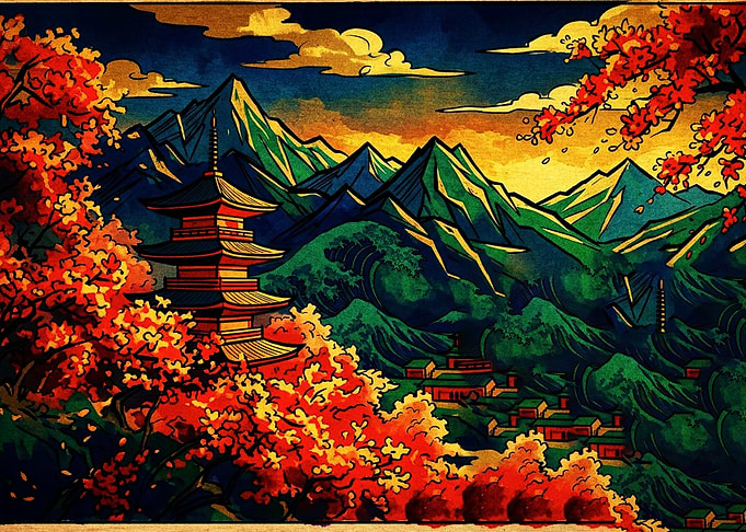 Japanese Pagoda Mountain Landscape Art