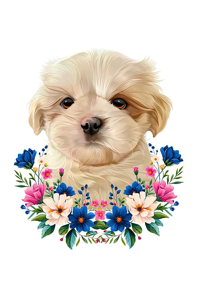 Cute Puppy Portrait with Floral Wreath