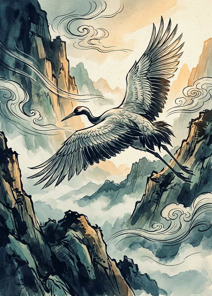 Flying Crane Japanese Watercolor Art Asian Mountain Landscape Traditional Poster Print