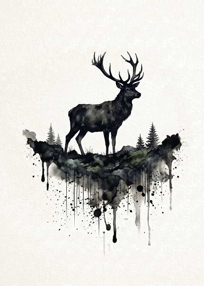 Watercolor Stag on Floating Island