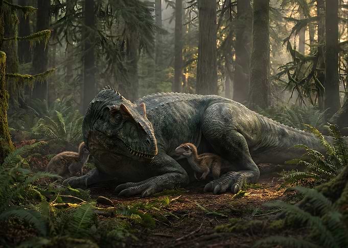 Allosaurus Mother Protecting Her Hatchlings