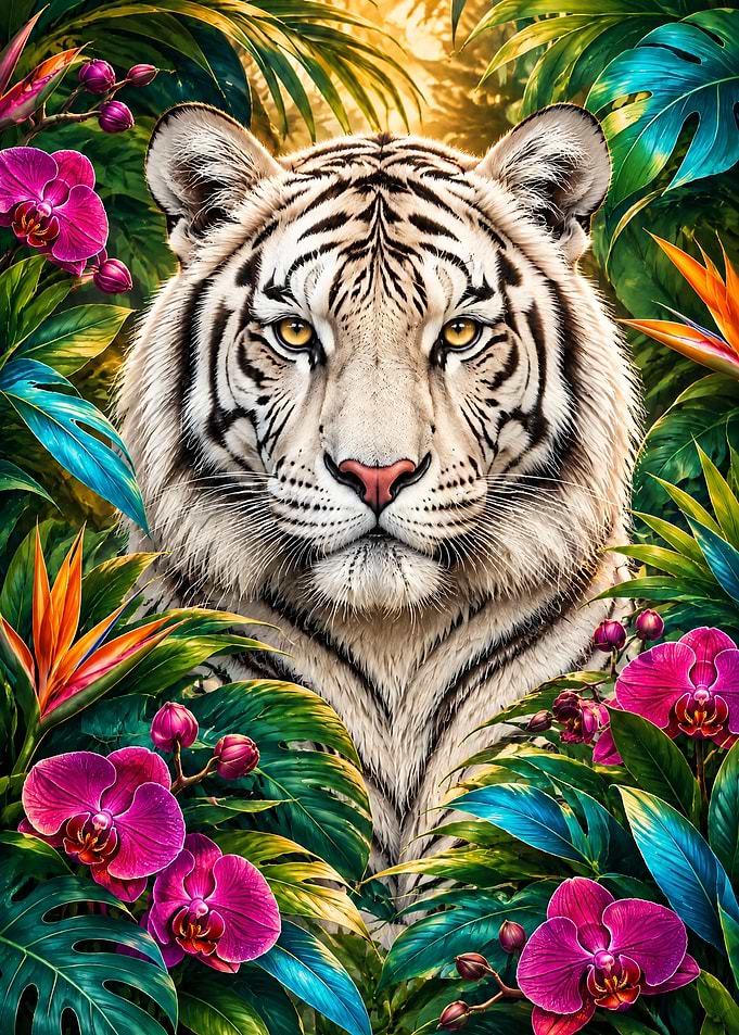 Majestic White Tiger in Tropical Jungle