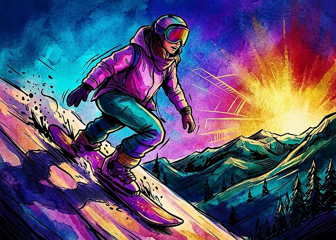Vibrant Watercolor Snowboarder at Sunset