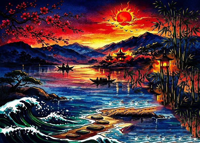 Vibrant Japanese Sunset Landscape Painting
