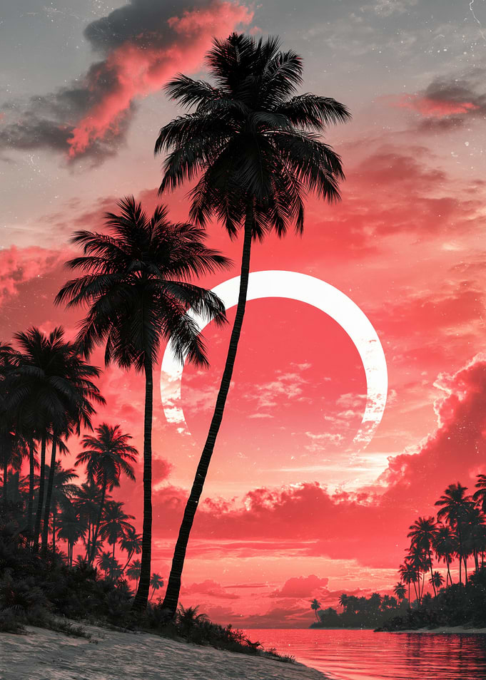 Surreal Tropical Sunset with Glowing Ring
