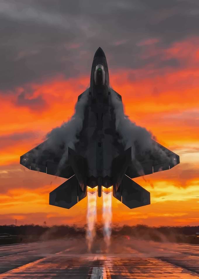 F-22 Raptor Taking Off at Sunset