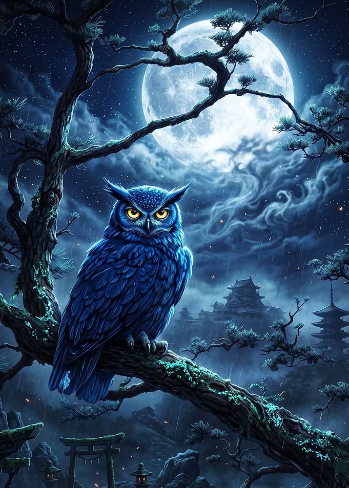 Blue Owl in Japanese Night Landscape
