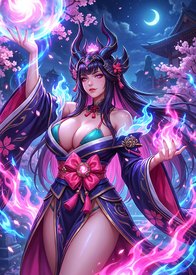 Magical Oni Sorceress in Cherry Blossoms