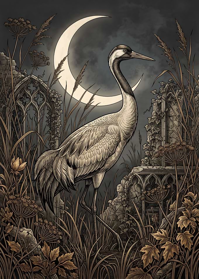 Crane Bird Amidst Gothic Ruins
