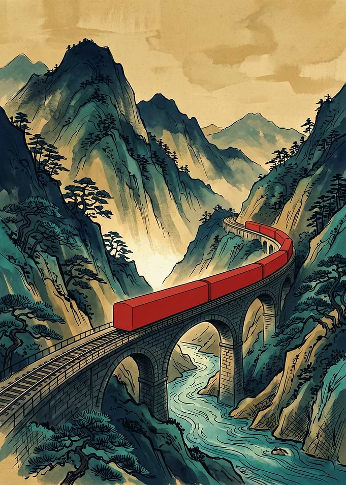 Red Train Mountain Landscape Ukiyo E Art Japanese Bridge River Nature Poster