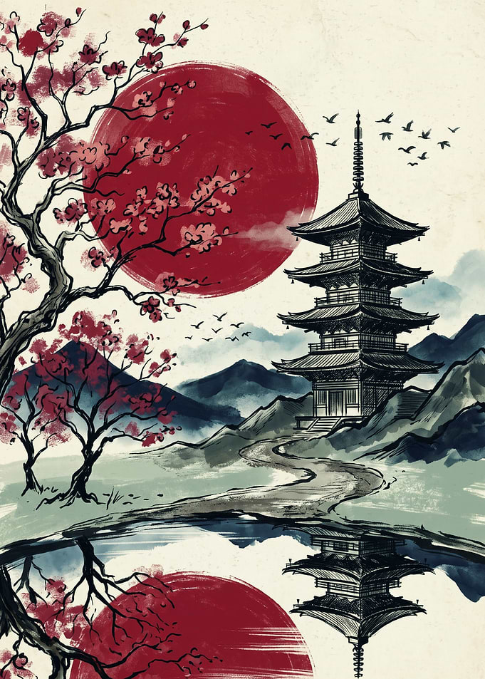Japanese Pagoda Red Sun Ink Art Cherry Blossom Spring Landscape Aesthetic Poster