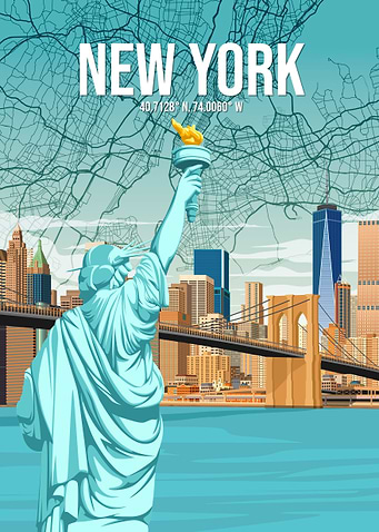 New York City Skyline City Map Retro Travel Poster Art