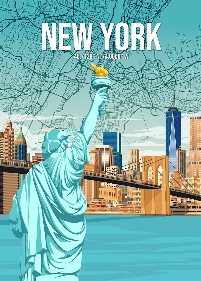 New York City Skyline City Map Retro Travel Poster Art