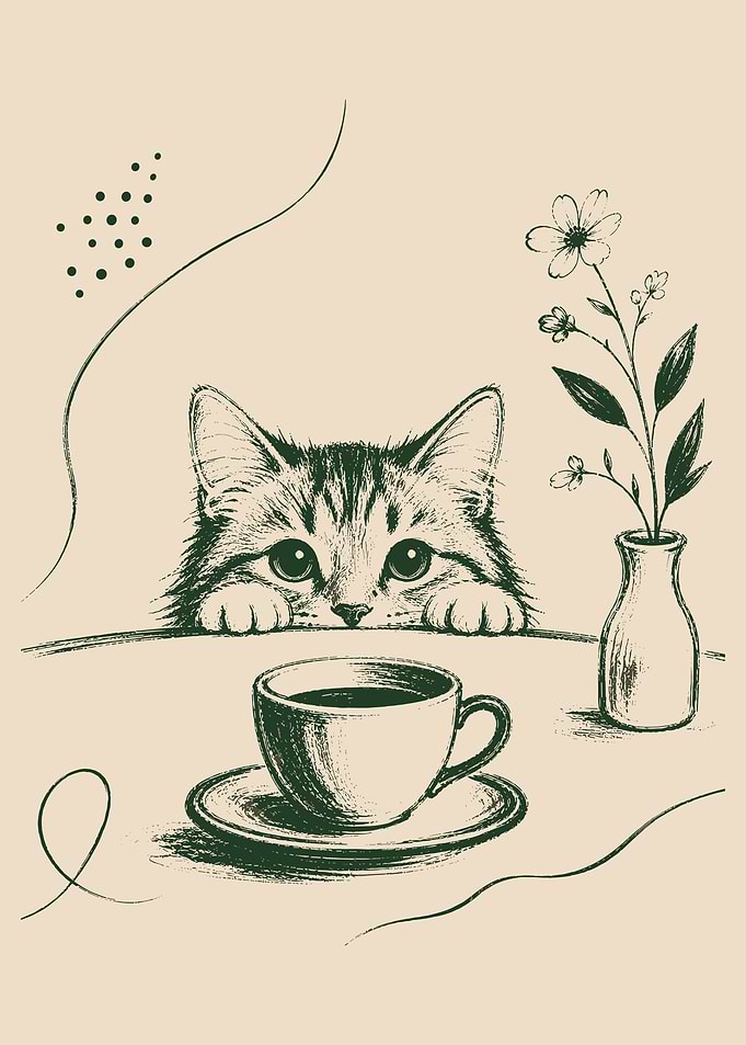 Cute Kitten Peeking at Coffee