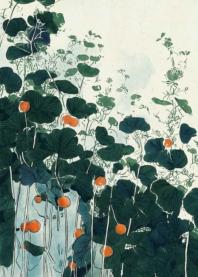 Botanical Art Botanical Print Japanese Watercolor Green Leaves Orange Fruit Plant Poster