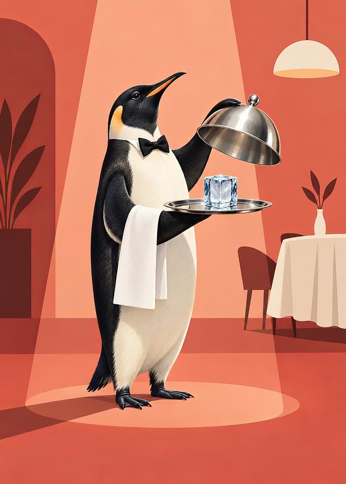 Penguin Waiter Serving Ice Cube Surrealism