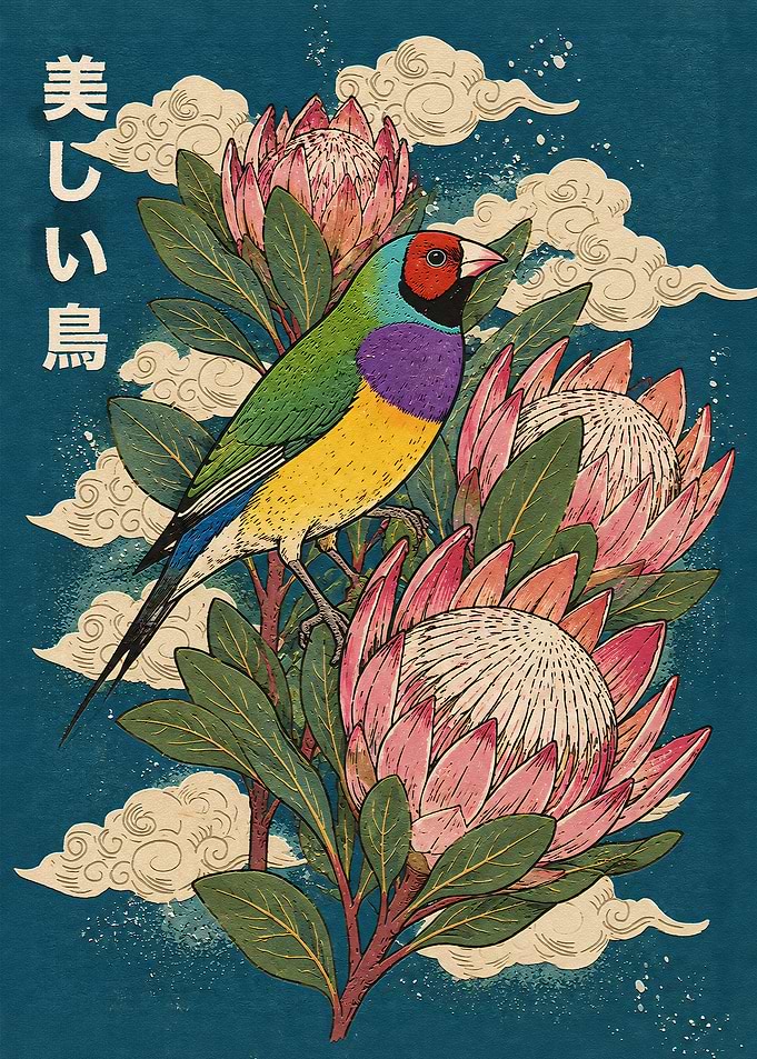 Gouldian Finch and Protea Flowers