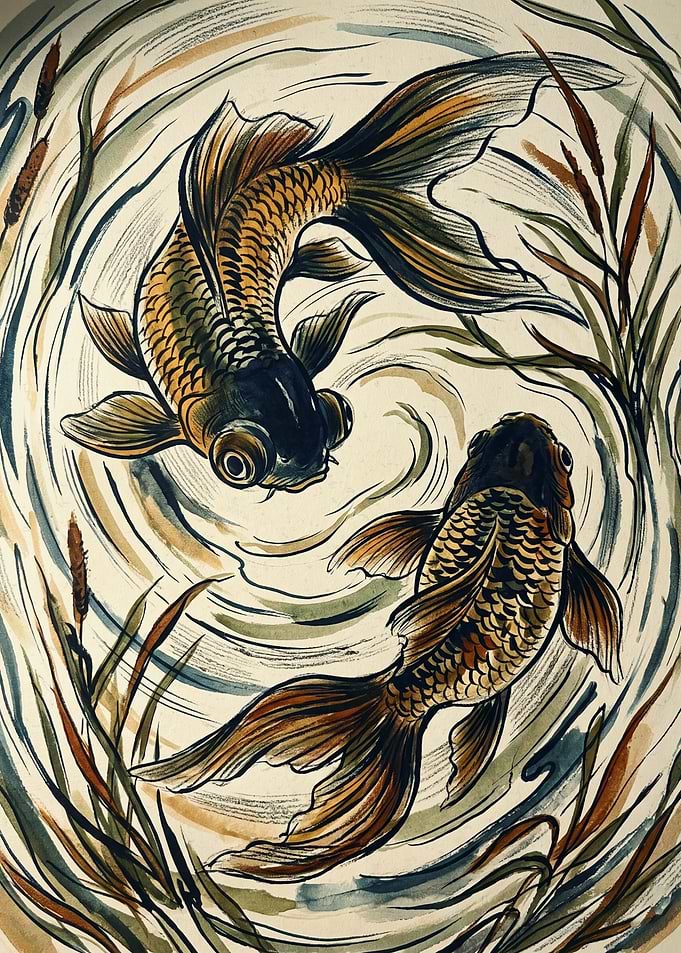 Goldfish Art Print Traditional Chinese Painting Ink Watercolor Pond Decor Poster
