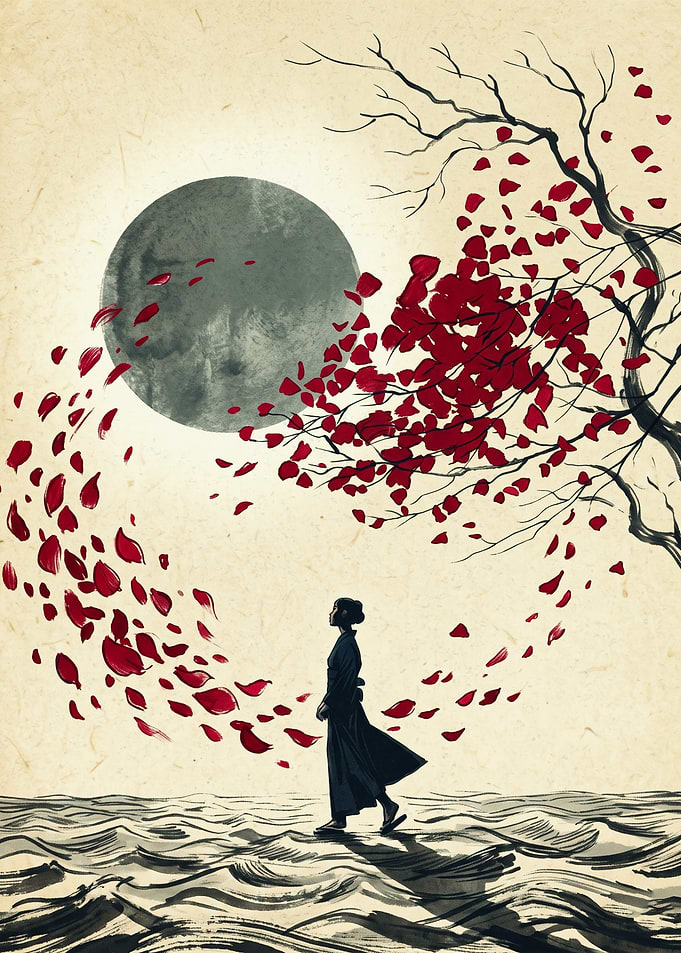 Japanese Art Print Red Petals Tree Moon Silhouette Minimalist Wall Poster Decor